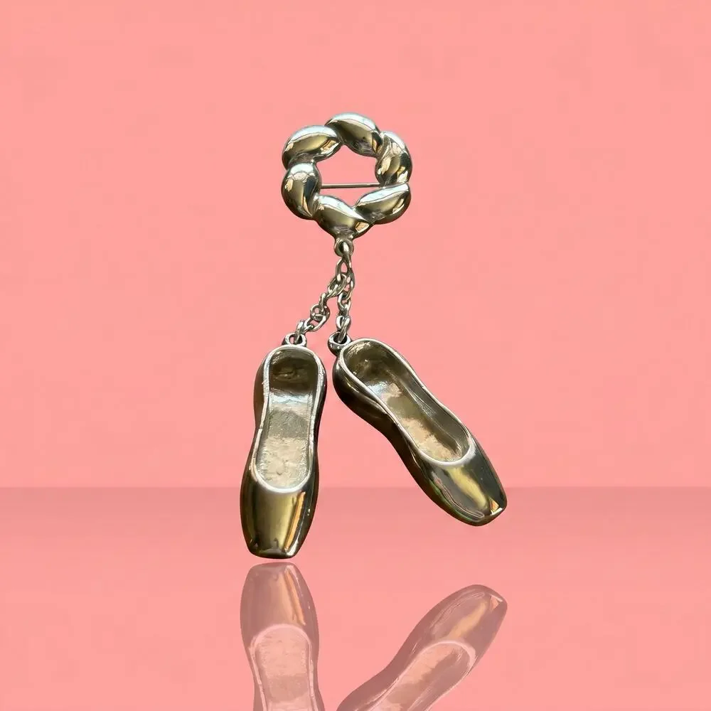 Vintage Silver Tone Ballerina Slipper Brooch, Dangling Ballet Flat Charm Pin